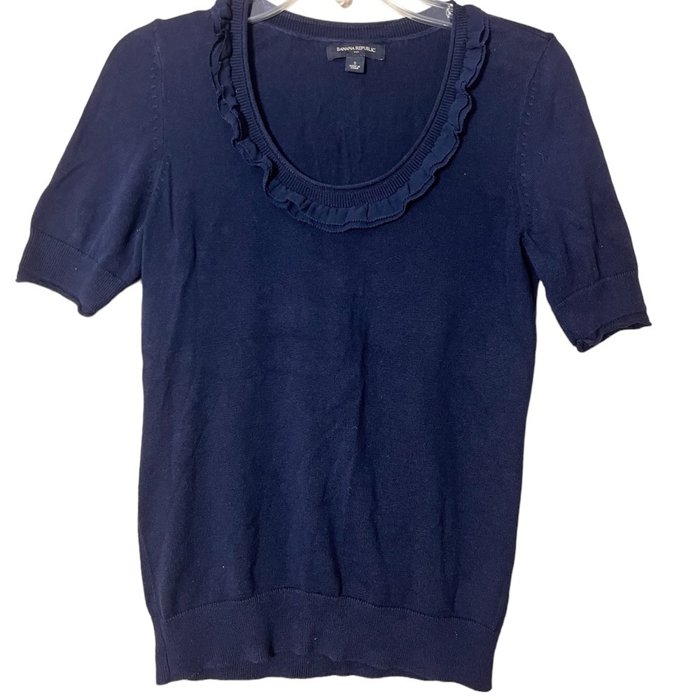 Banana Republic Cotton Ruffle Short Sleeve Sweater Navy Small Preppy Coquette